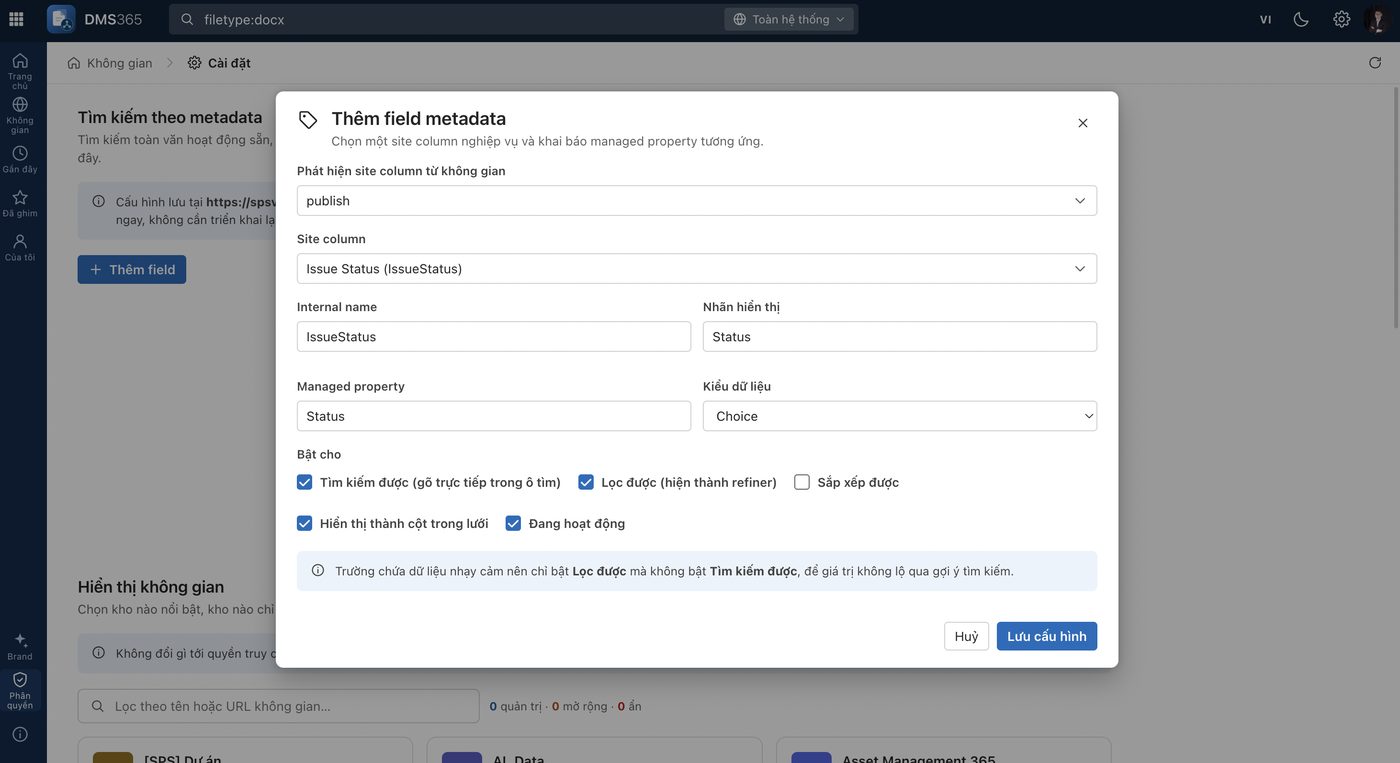 Cấu hình field metadata cho tìm kiếm trong DMS365